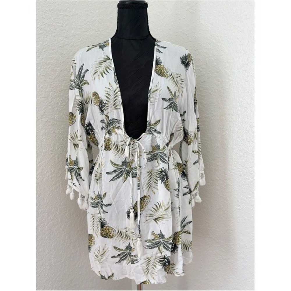 Blue Island Pineapple Palm Leaf Cover Up Dress L White